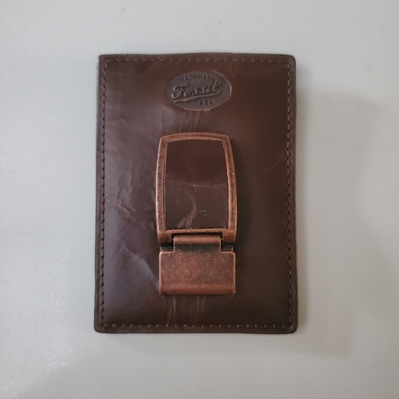 Mens Fossil Brown Leather Thin Card Wallet Money Clip - Picture 1 of 11